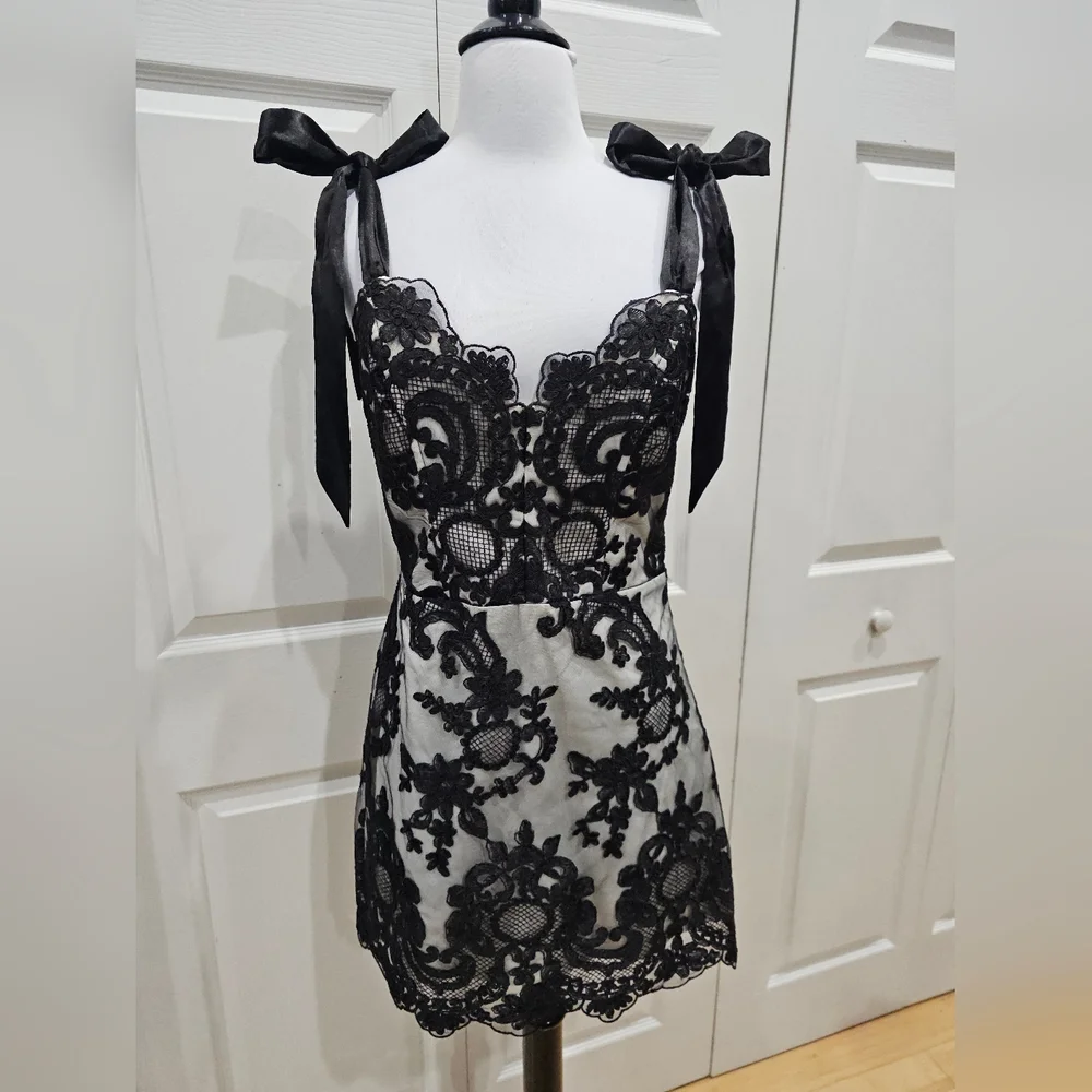 Dolls Kill Unholy Kindred Spirits Black White Lace Mini DressTiered Tulle Skirt - Picture 2 of 16